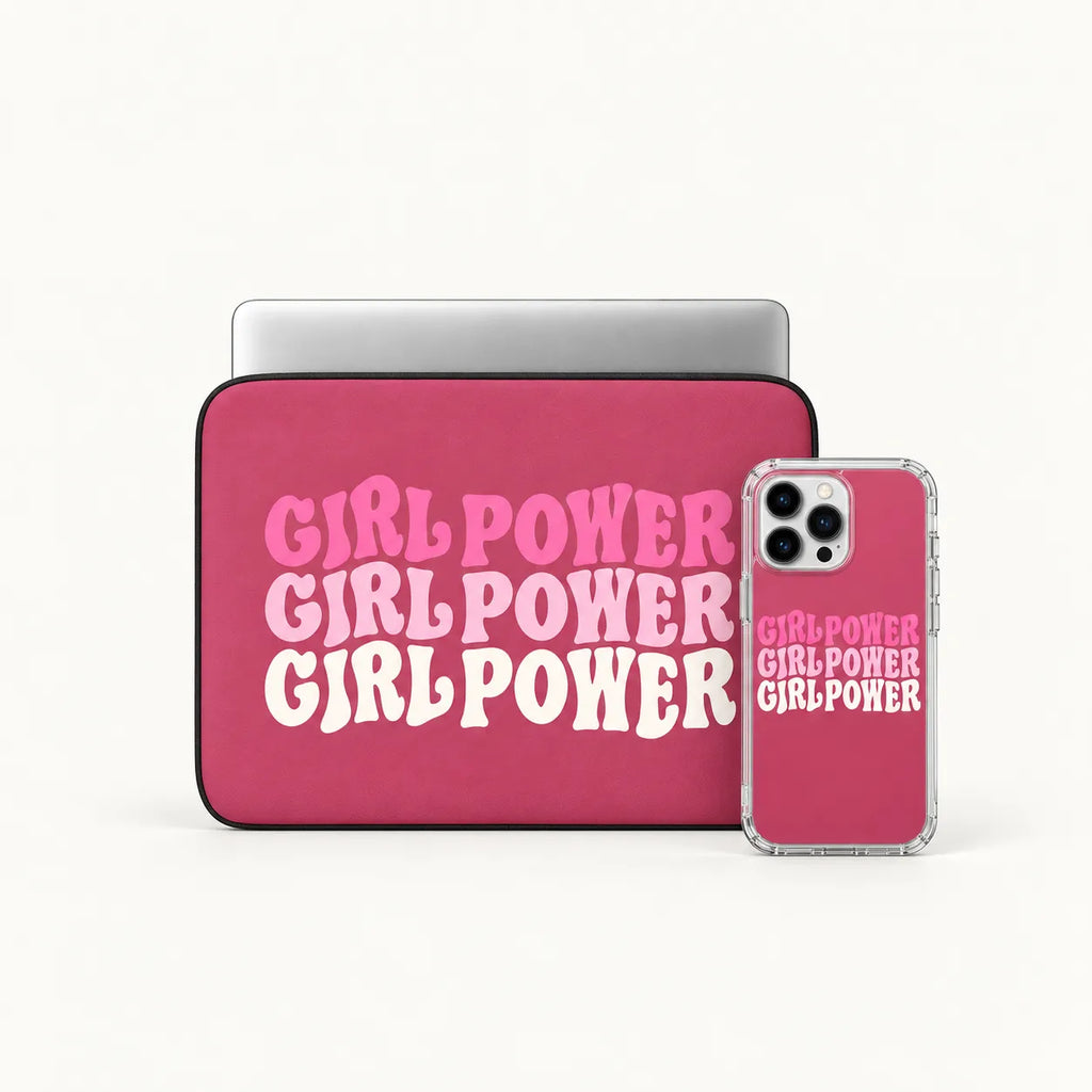 "Girl Power" retro wavy pink typography clear phone case and matching laptop sleeve set by SLEEVER Egypt   