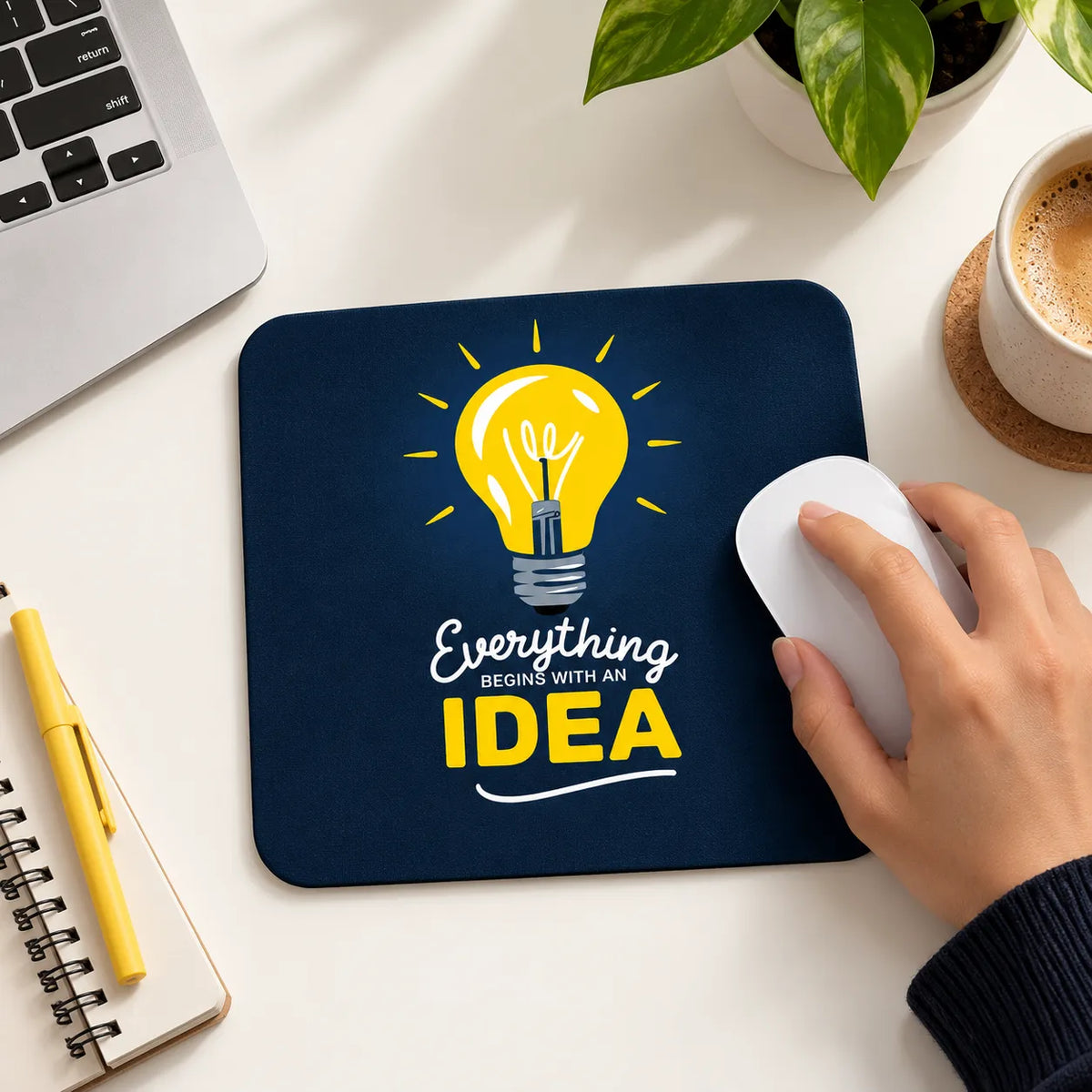 SLEEVER glowing lightbulb everything begins with an idea dark blue desk mousepad 17.5 x 21.5 cm non-slip base