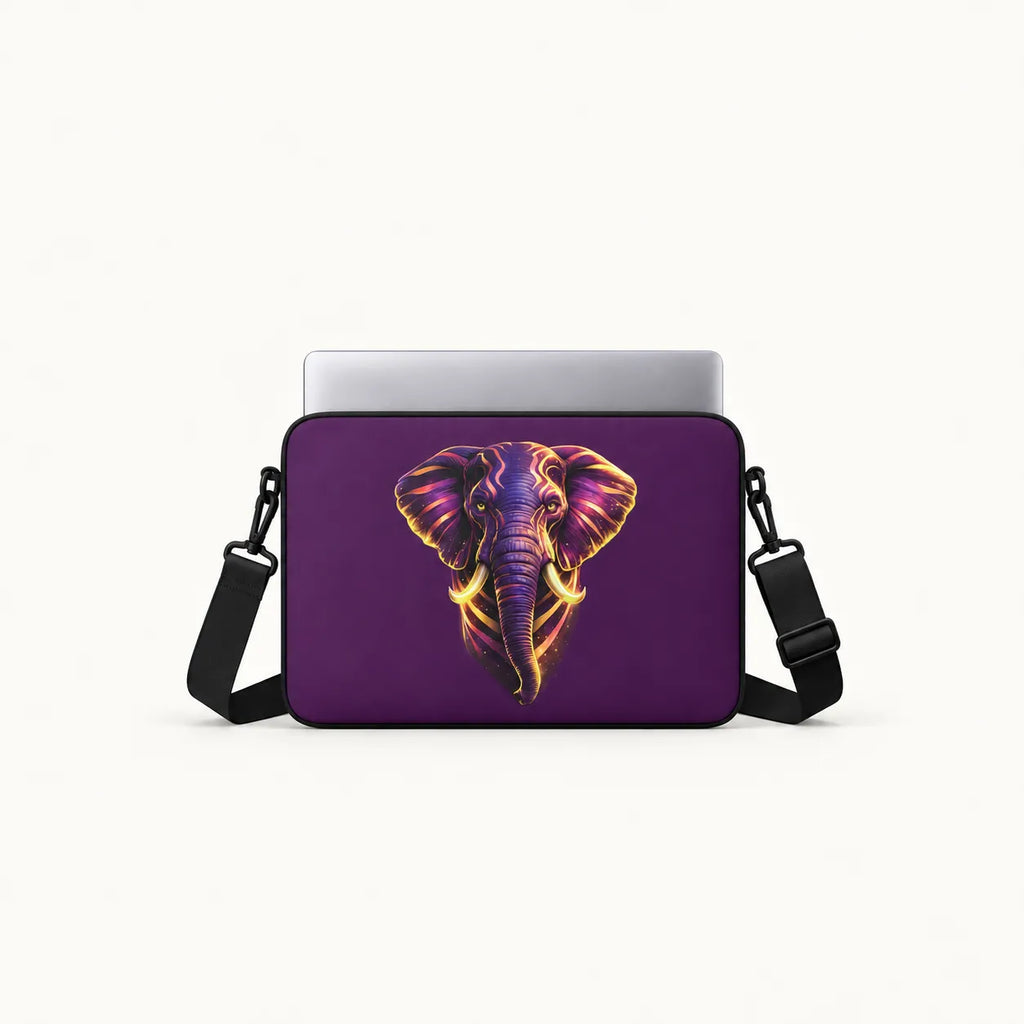 Majestic elephant head artwork with glowing purple and gold neon accents on a dark purple padded laptop sleeve by SLEEVER