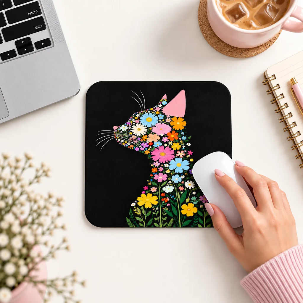 SLEEVER floral cat silhouette colorful flowers black desk mousepad 17.5 x 21.5 cm non-slip base