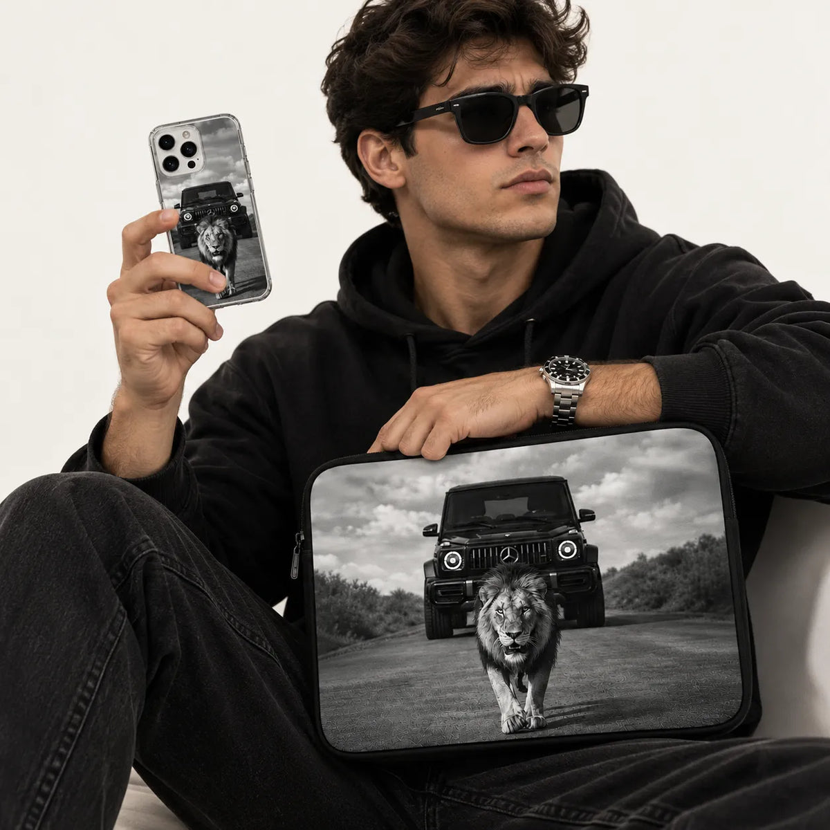 "Lion & G-Wagon" black and white lion with G-Class luxury SUV clear phone case and matching laptop sleeve set by SLEEVER Egypt