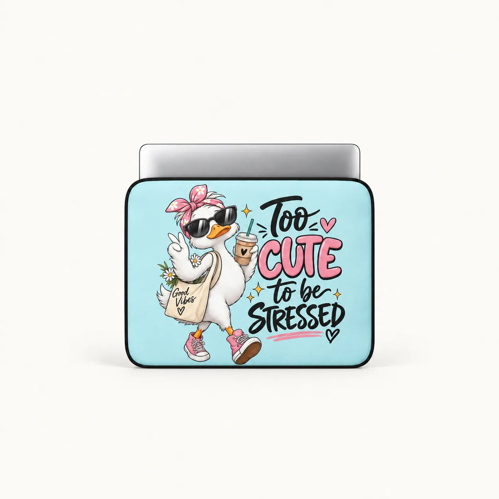 Cute white duck wearing sunglasses and pink headband holding iced coffee with Too Cute to be Stressed quote on light blue padded laptop sleeve by SLEEVER