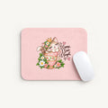 A pink rectangular mouse pad with rounded corners featuring a cute illustration of a kitten in a teacup surrounded by flowers and the text 'I Came. I Saw.