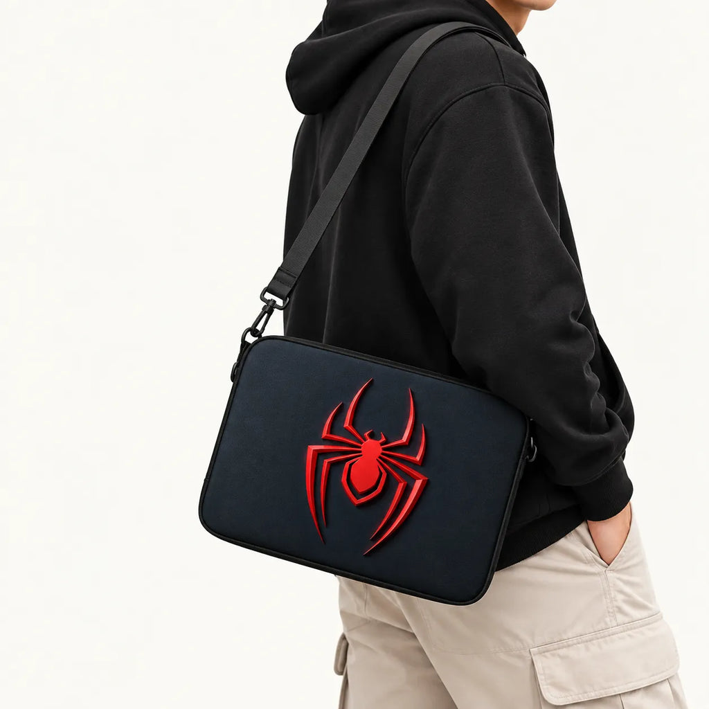 3D red spider emblem on a textured dark navy blue padded laptop sleeve by SLEEVER