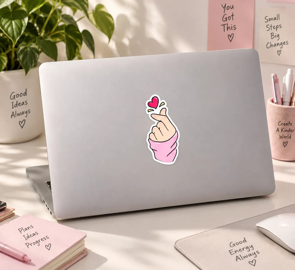 Cute Korean finger heart hand gesture sticker with pink heart and sleeve by SLEEVER