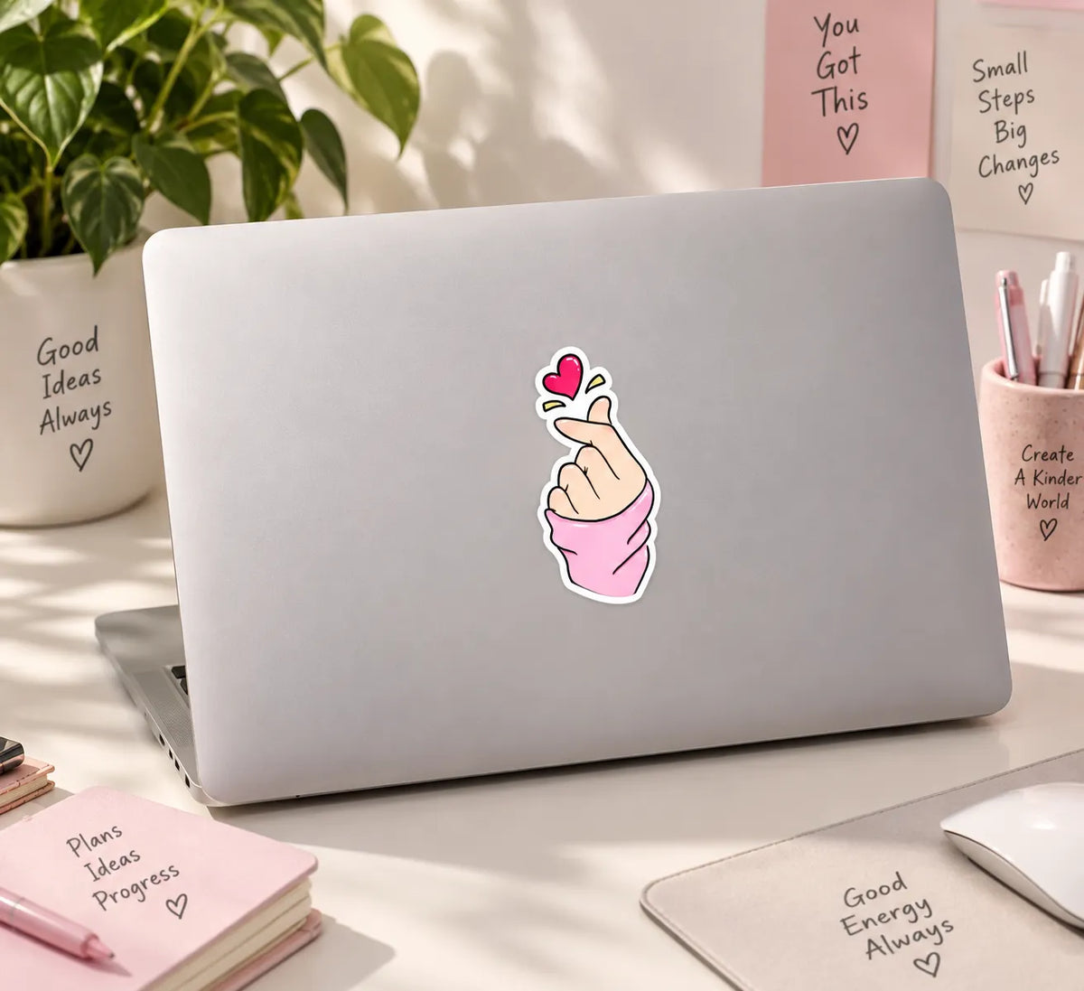 Cute Korean finger heart hand gesture sticker with pink heart and sleeve by SLEEVER