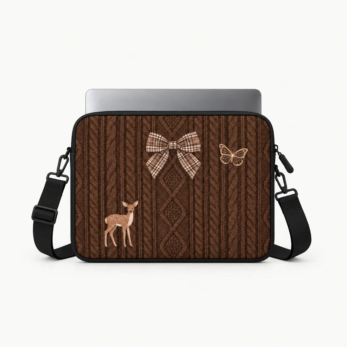 SLEEVER brown padded laptop sleeve with bow, butterfly, and deer design for 12–17 inch laptops
