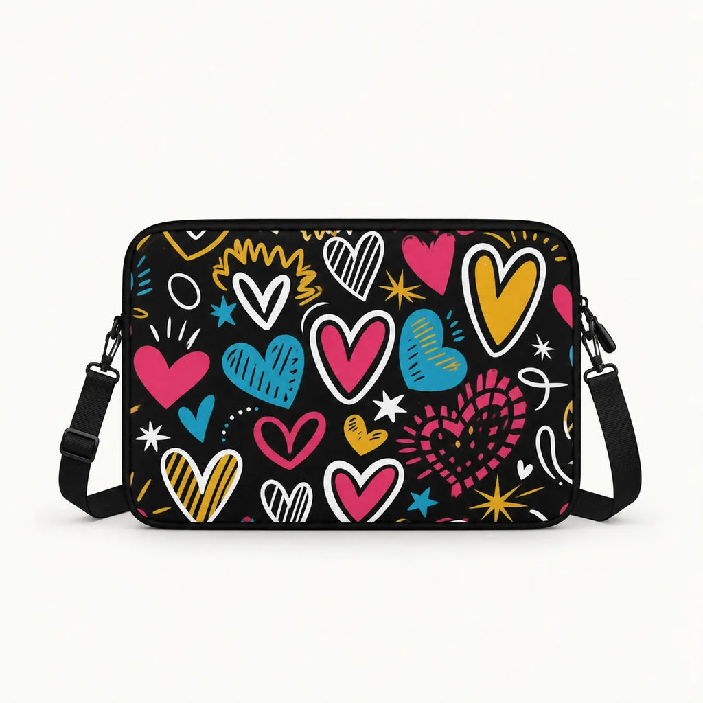 Colorful hand drawn doodle hearts pattern printed on black padded laptop sleeve by SLEEVER