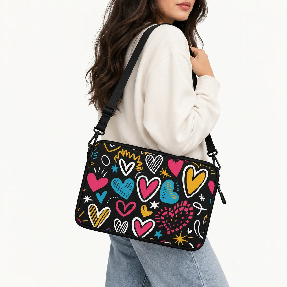 Colorful hand drawn doodle hearts pattern printed on black padded laptop sleeve by SLEEVER