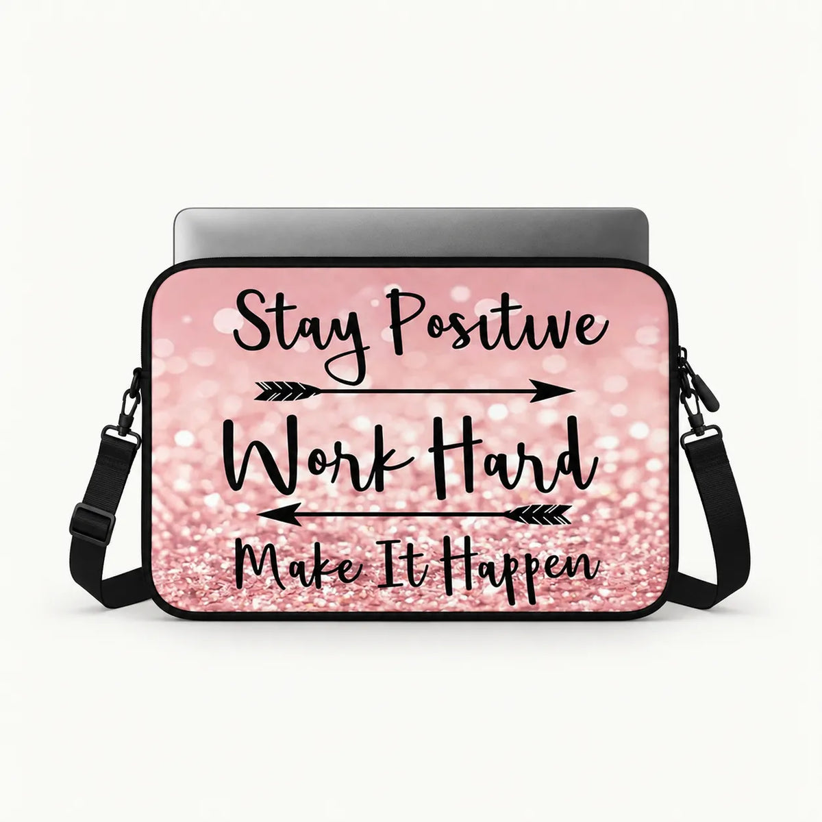 Stay Positive Work Hard Make It Happen quote on pink glitter background padded laptop sleeve by SLEEVER