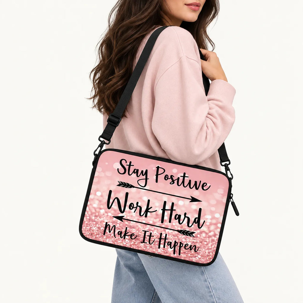 Stay Positive Work Hard Make It Happen quote on pink glitter background padded laptop sleeve by SLEEVER