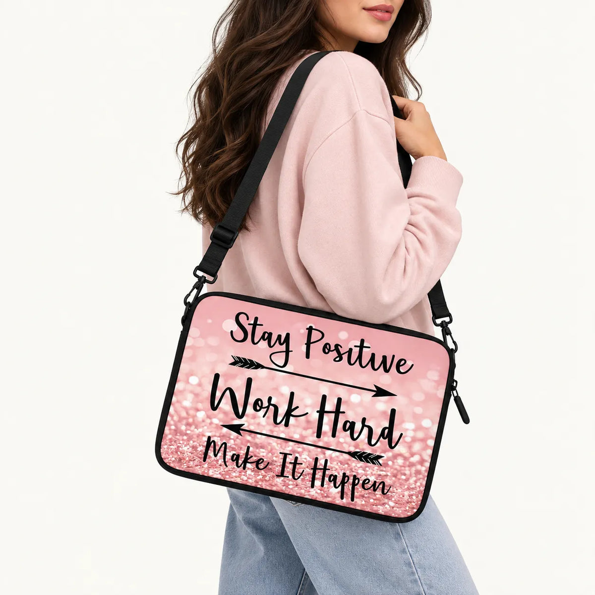 Stay Positive Work Hard Make It Happen quote on pink glitter background padded laptop sleeve by SLEEVER