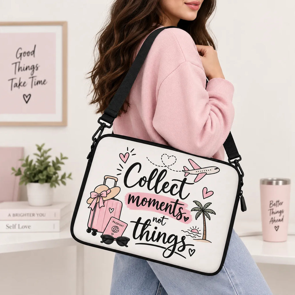 Collect Moments Not Things quote with pink suitcase airplane and palm tree print on white padded laptop sleeve by SLEEVER