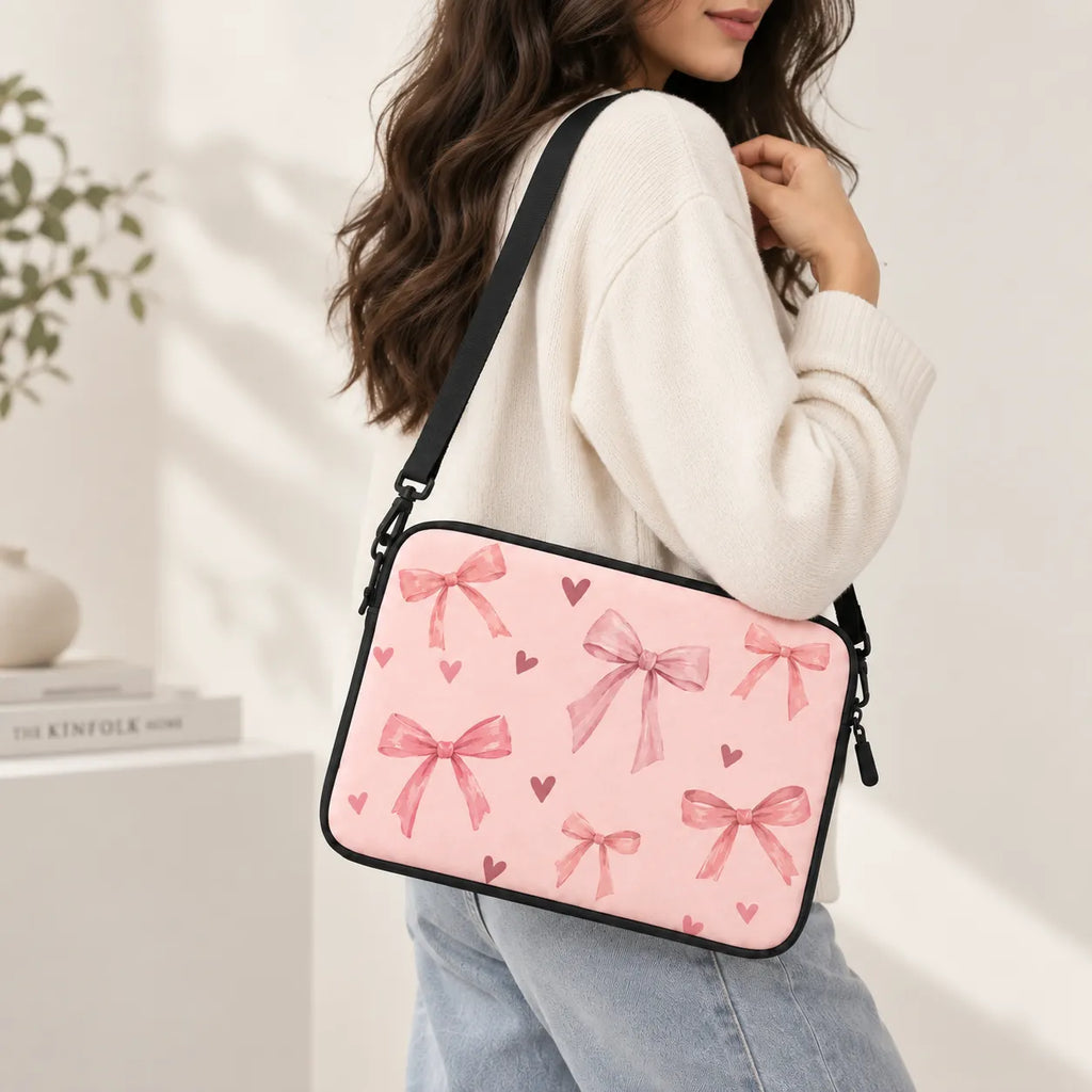SLEEVER pink padded laptop sleeve with bow and heart pattern for 12–17 inch laptops
