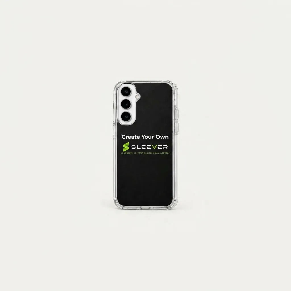 A clear phone case with a black insert, featuring the text 'Create Your Own' and a green 'S BEEVER' logo, shown on a light gray background.