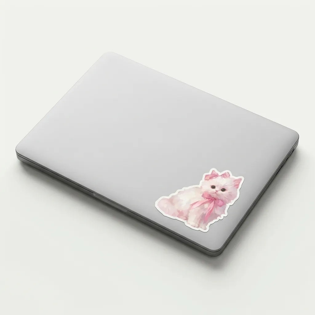 A silver laptop closed and photographed from above on a clean white background, with a small pink-and-white cat sticker applied near the lower right corner.