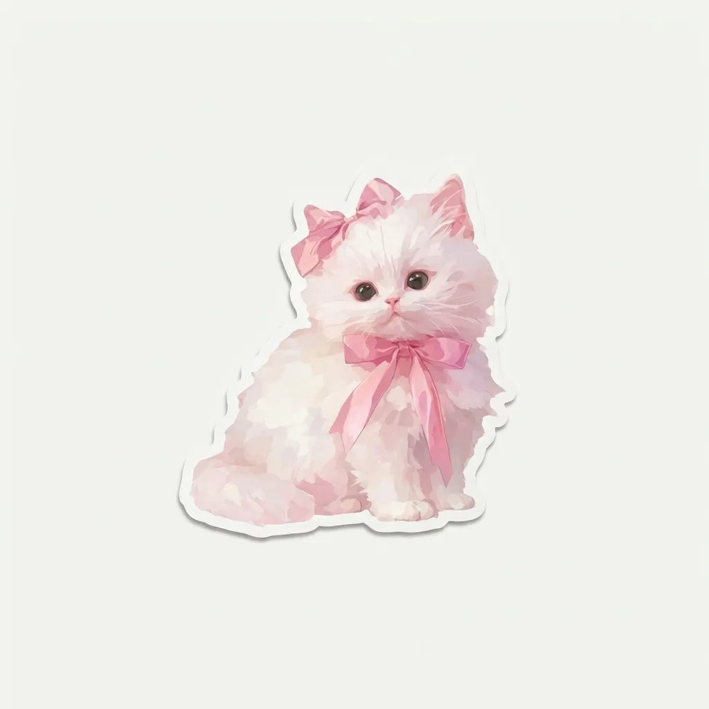 SLEEVER luxury die-cut vinyl sticker featuring an aesthetic fluffy white kitten with a pink ribbon bow on a minimalist grey background