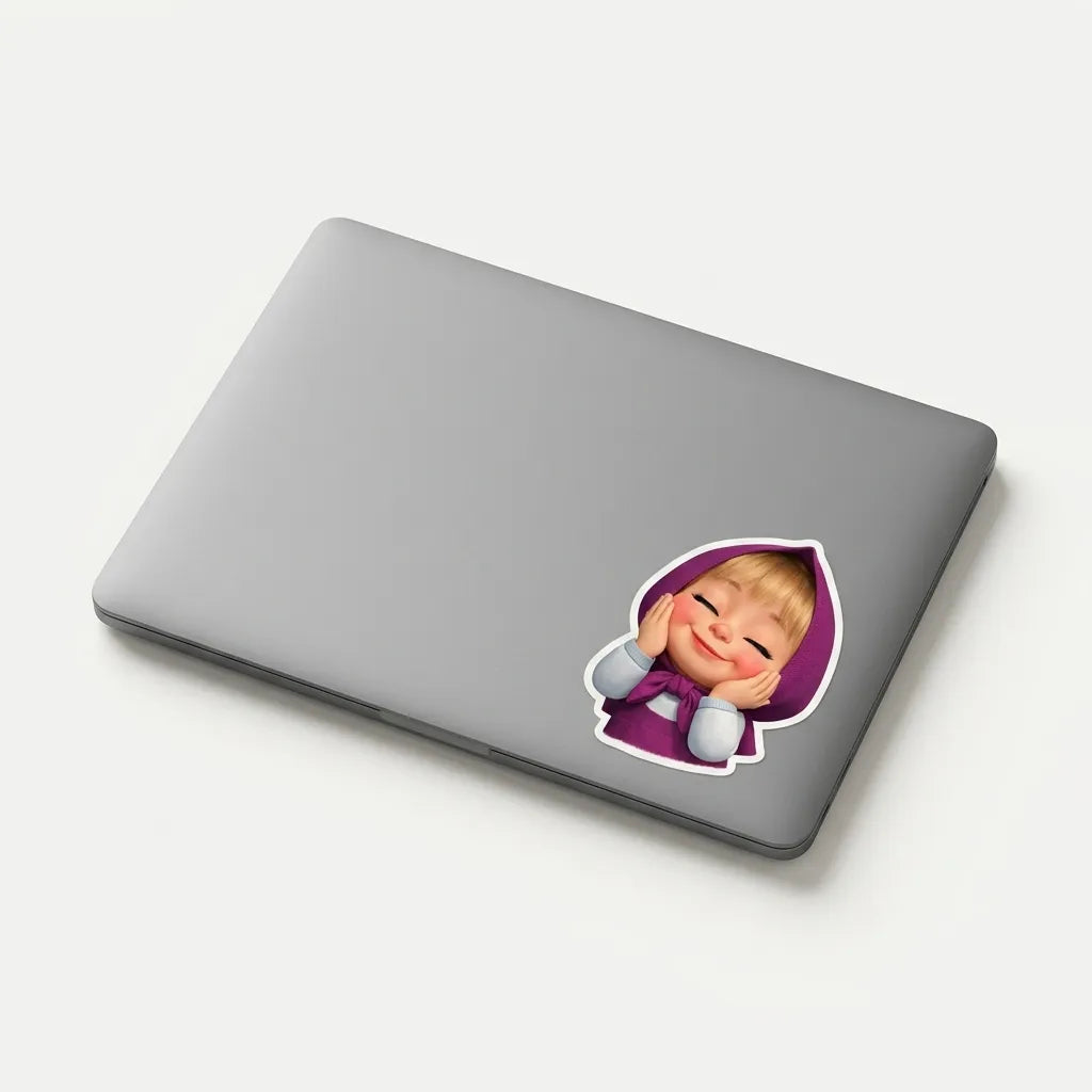 SLEEVER 7cm glossy kiss-cut vinyl sticker of Masha in a purple hood with a 2mm white outline on a minimalist laptop and background