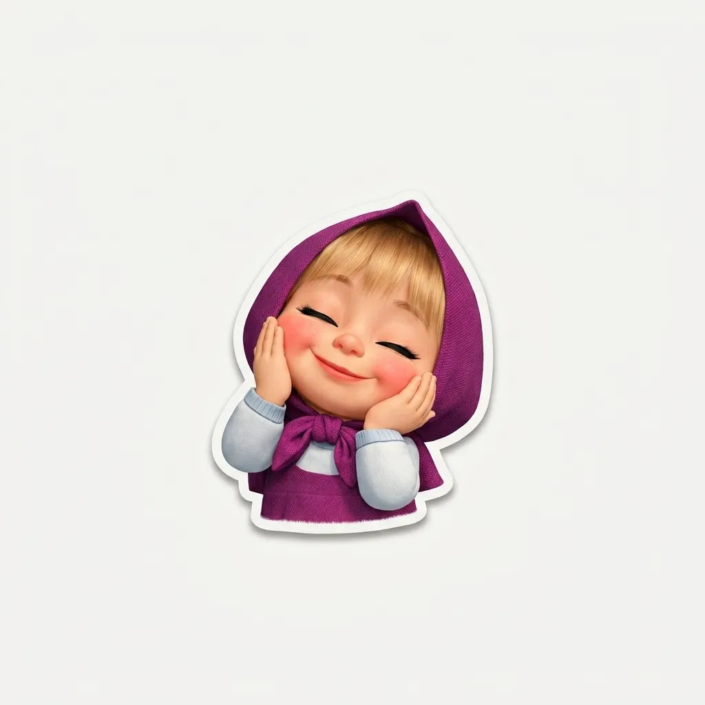 SLEEVER 7cm glossy kiss-cut vinyl sticker of Masha in a purple hood with a 2mm white outline on a minimalist laptop and background