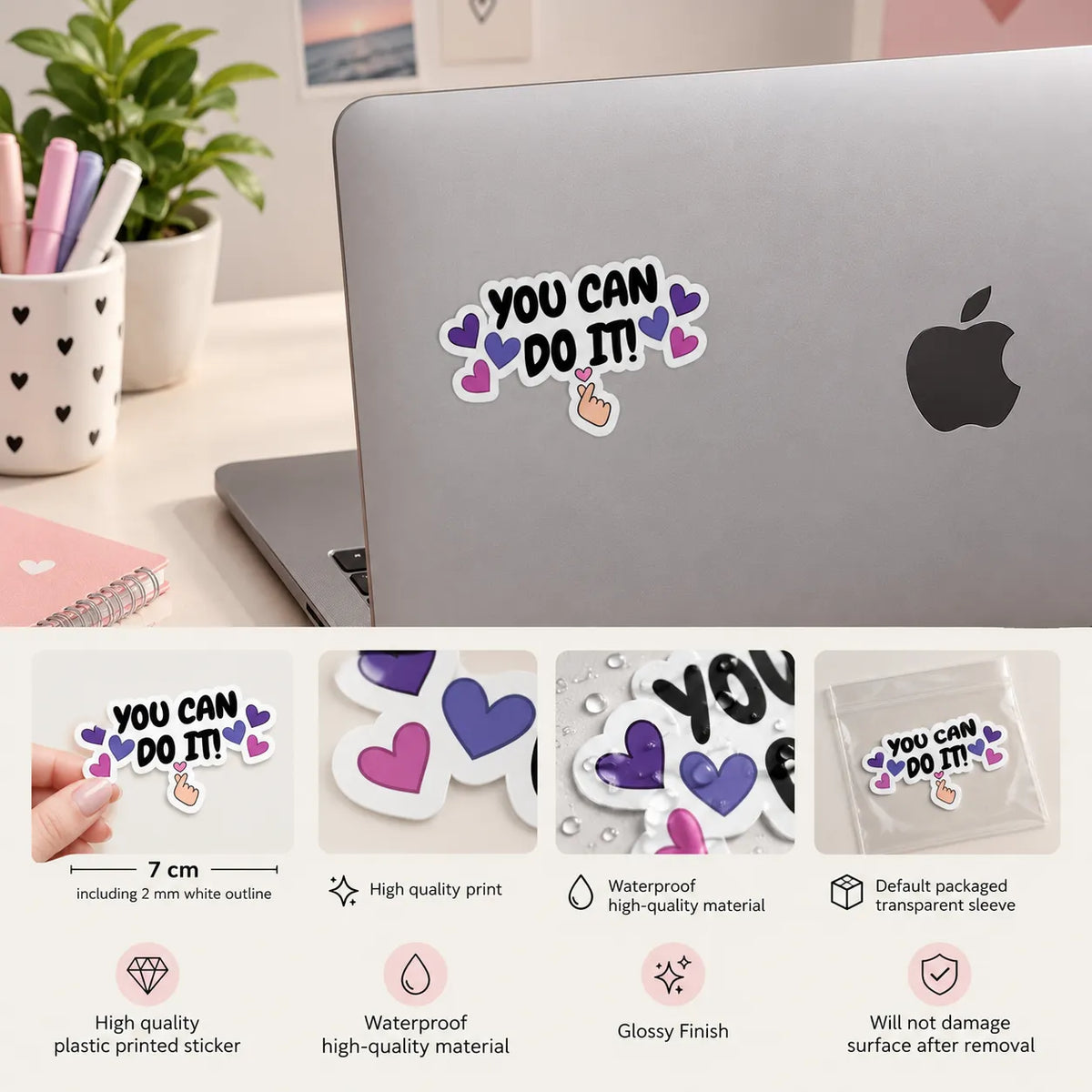 Motivational You Can Do It typography sticker with purple and pink hearts and finger heart gesture by SLEEVER