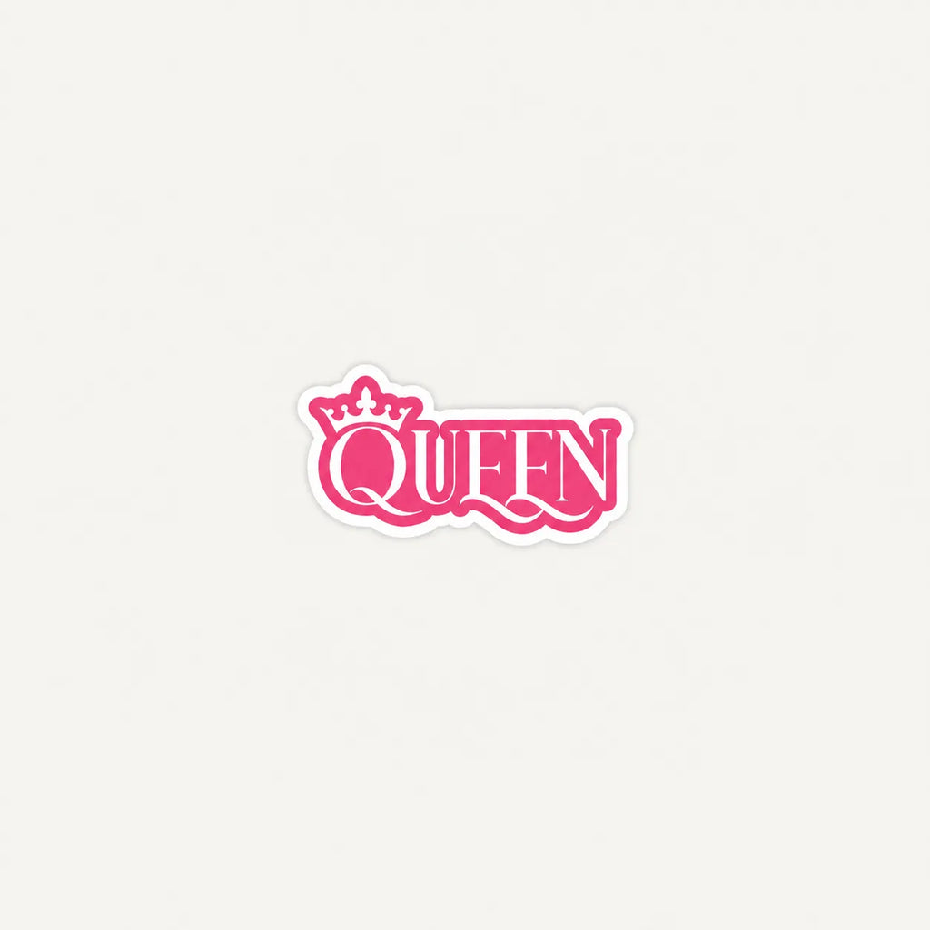 A pink die-cut sticker featuring the word 'QUEEN' in stylized lettering with a small crown above the Q, shown on a plain light background.