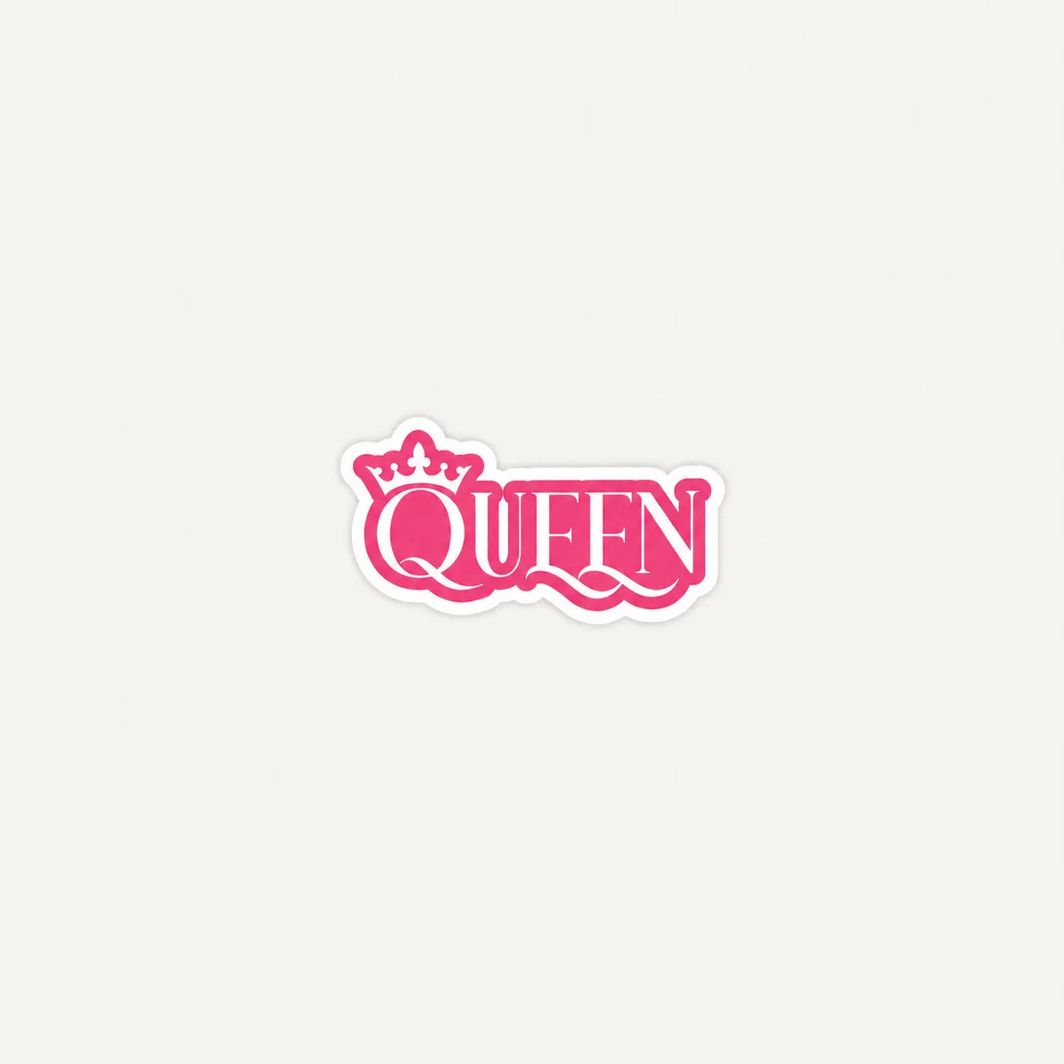 A pink die-cut sticker featuring the word 'QUEEN' in stylized lettering with a small crown above the Q, shown on a plain light background.