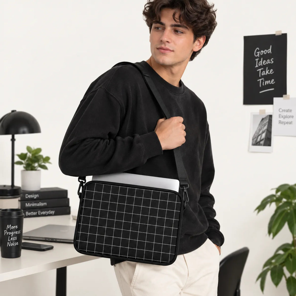 Minimalist fine white grid line pattern printed on black padded laptop sleeve by SLEEVER