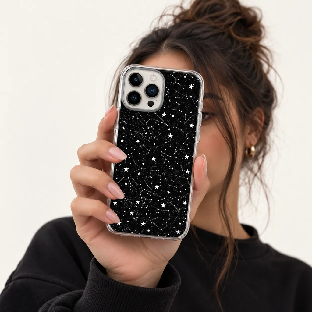 SLEEVER clear TPU phone case with white starry constellations and night sky pattern on black background UV print with magnetic charging compatibility