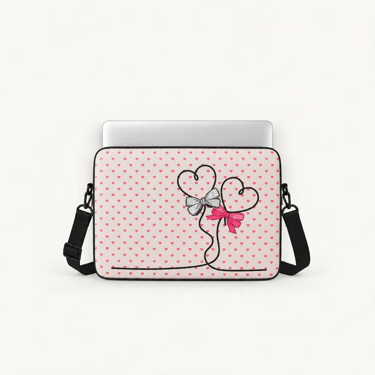 One-line art wire hearts with cute pink and grey bows on a pink polka-dot heart pattern padded laptop sleeve by SLEEVER