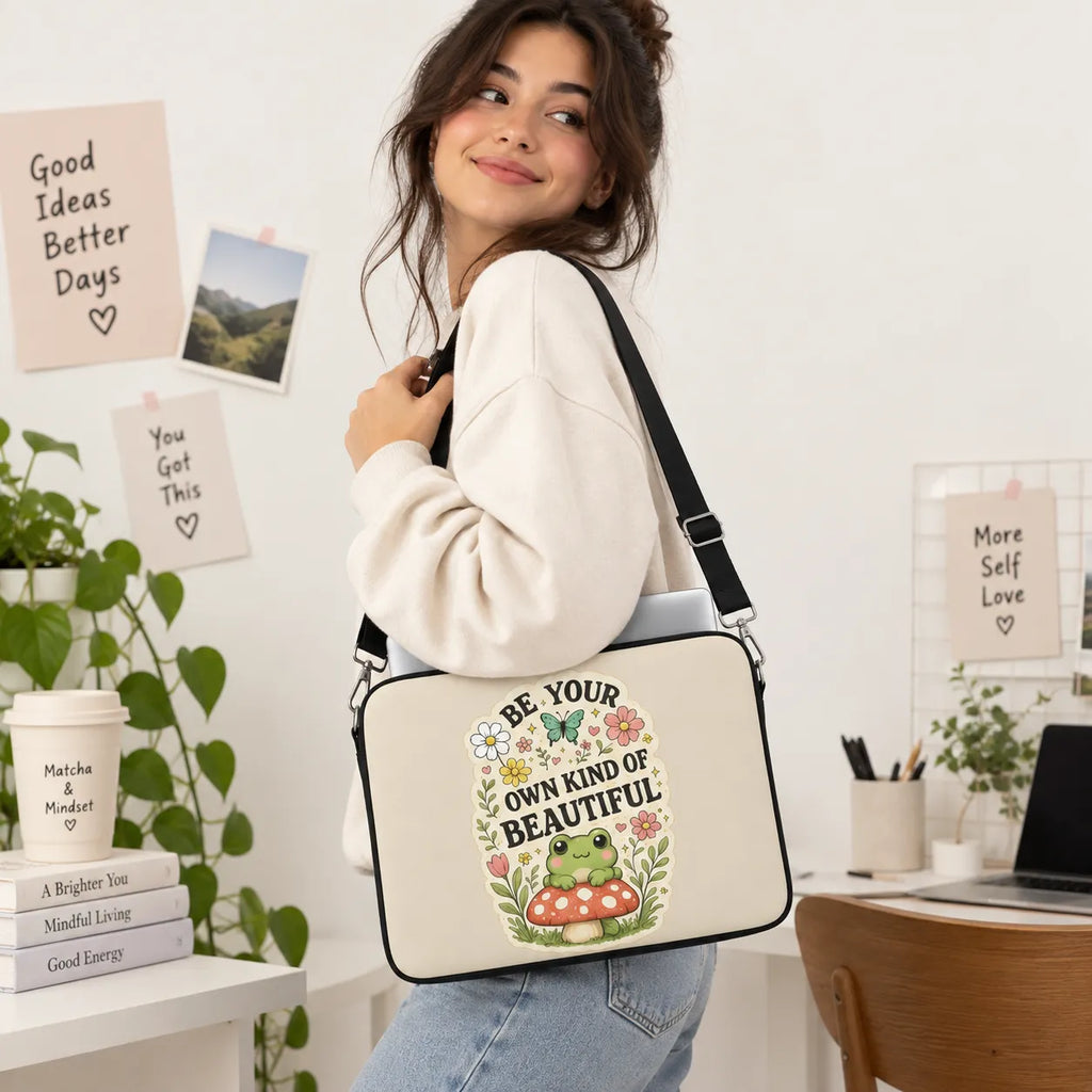 Cute green frog sitting on a red toadstool surrounded by flowers and Be Your Own Kind of Beautiful typography on cream padded laptop sleeve by SLEEVER