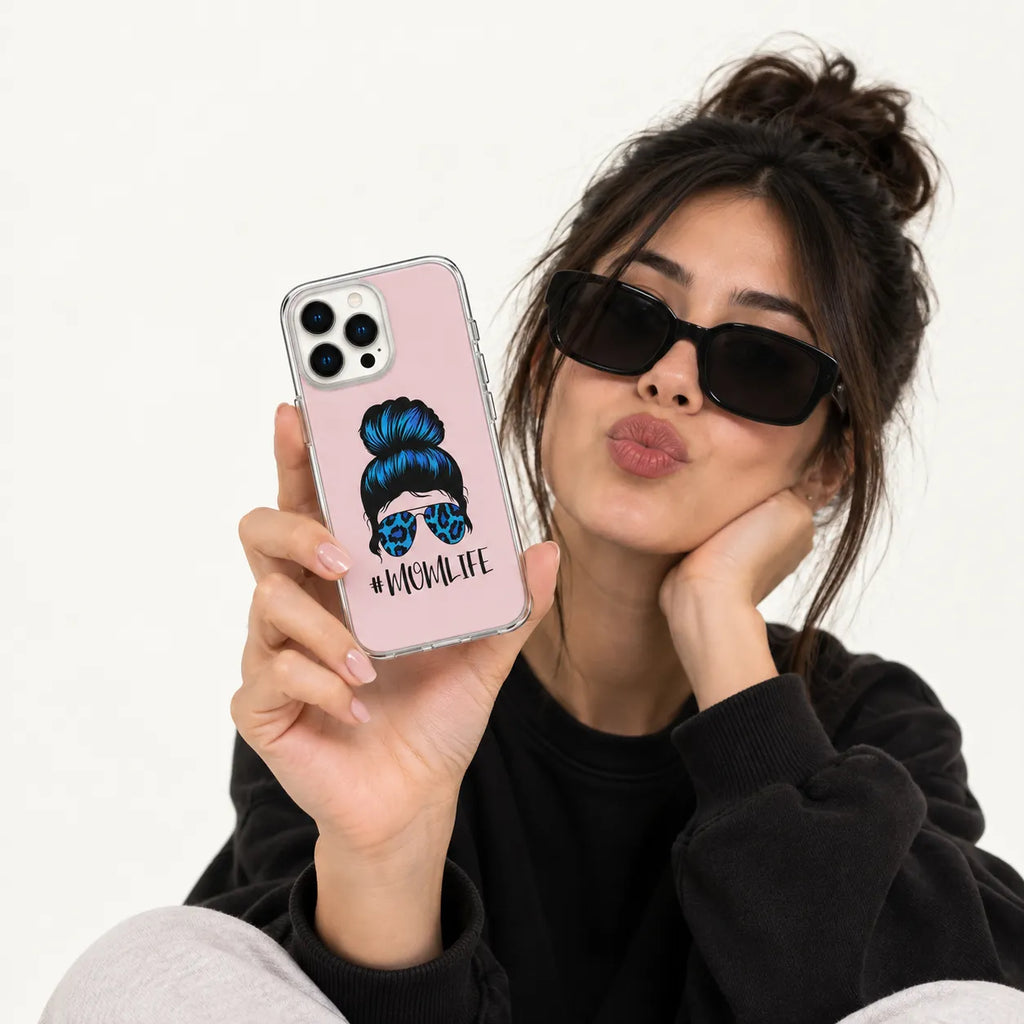 SLEEVER clear TPU phone case with #MOMLIFE text and messy bun girl wearing blue leopard sunglasses UV print with magnetic charging compatibility   