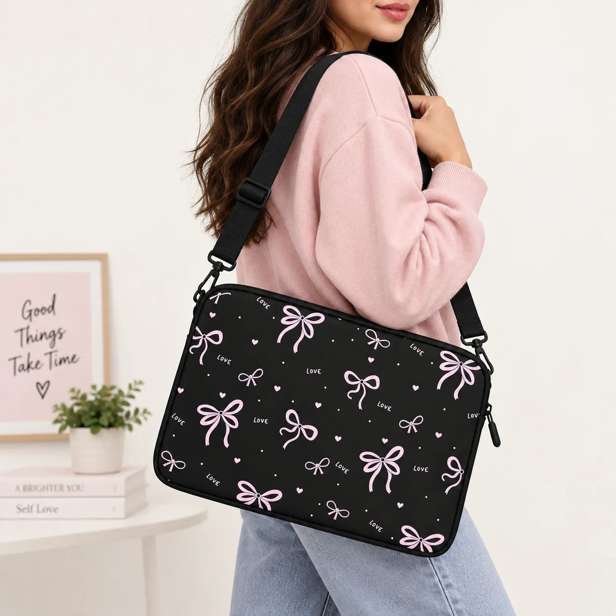 Pink ribbons bows and tiny hearts pattern printed on black padded laptop sleeve by SLEEVER