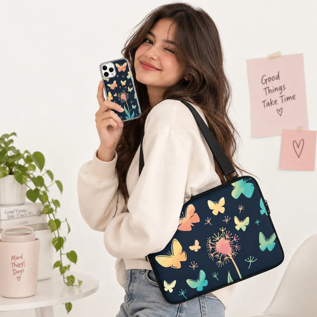 "Watercolor Butterflies & Dandelion" aesthetic colorful pattern clear phone case and matching laptop sleeve set by SLEEVER Egypt