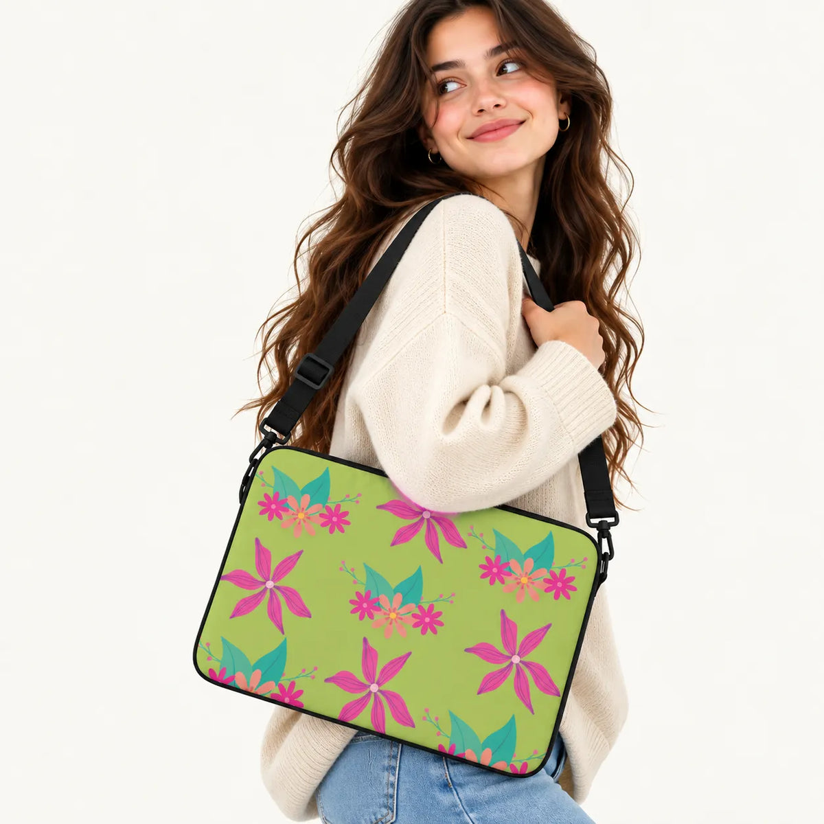 Bright pink tropical flowers and green leaves pattern on a light lime green padded laptop sleeve by SLEEVER