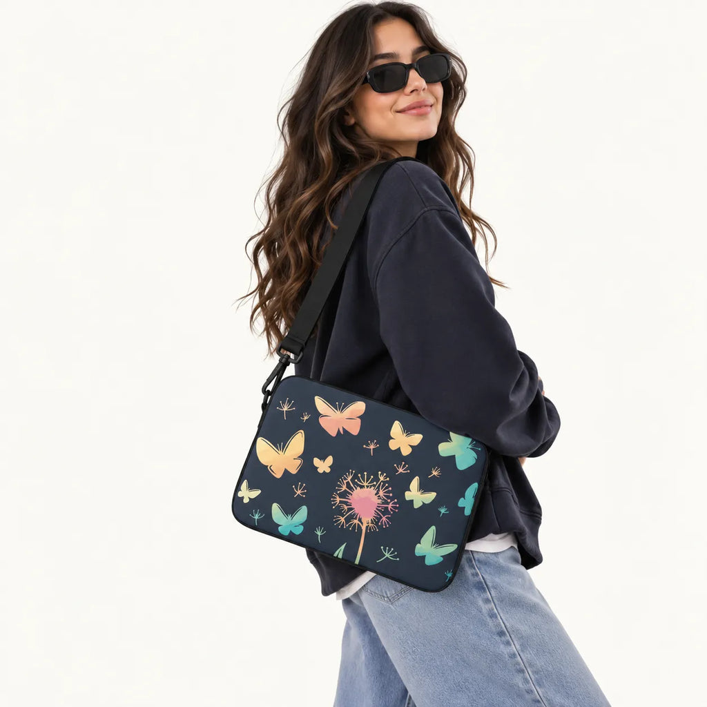 Pastel colorful butterflies and dandelion floral pattern on dark navy padded laptop sleeve by SLEEVER