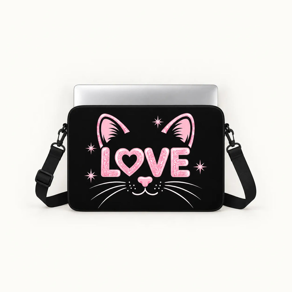 "Pink Love Cat" cute black cat face with glittery pink love text clear phone case and matching laptop sleeve set by SLEEVER Egypt   