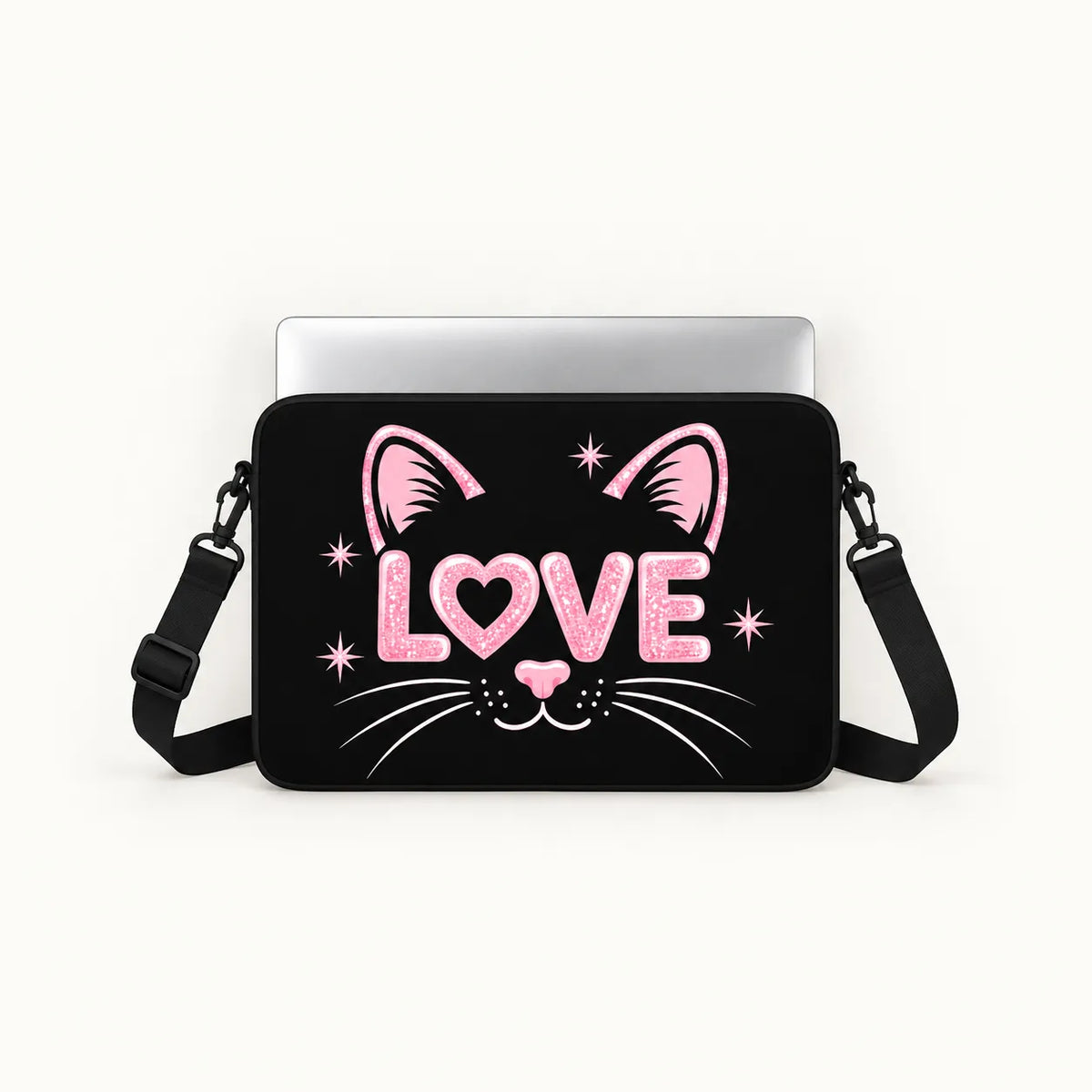 "Pink Love Cat" cute black cat face with glittery pink love text clear phone case and matching laptop sleeve set by SLEEVER Egypt   