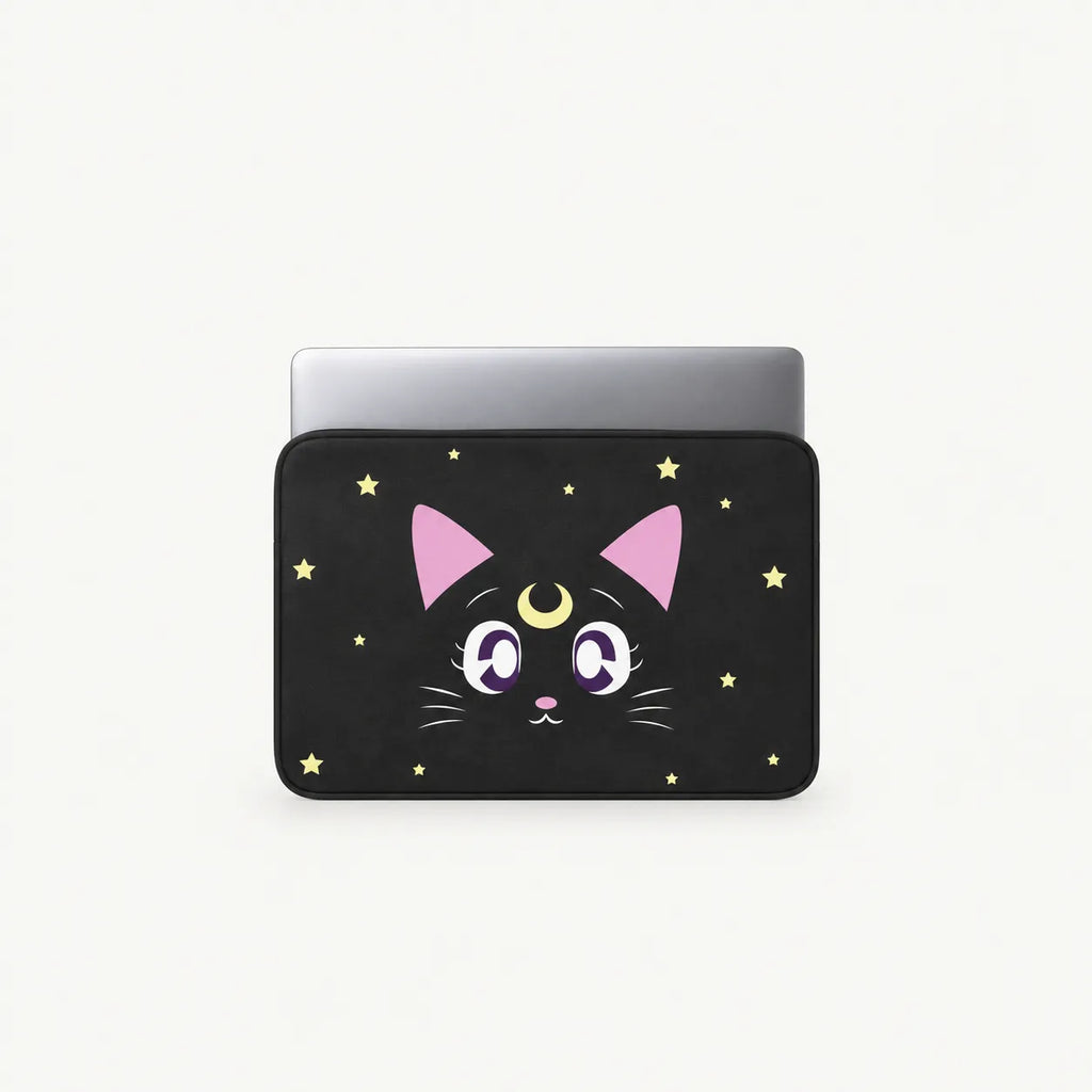 Cute Sailor Moon Luna black cat face with crescent moon and stars on a black padded laptop sleeve by SLEEVER