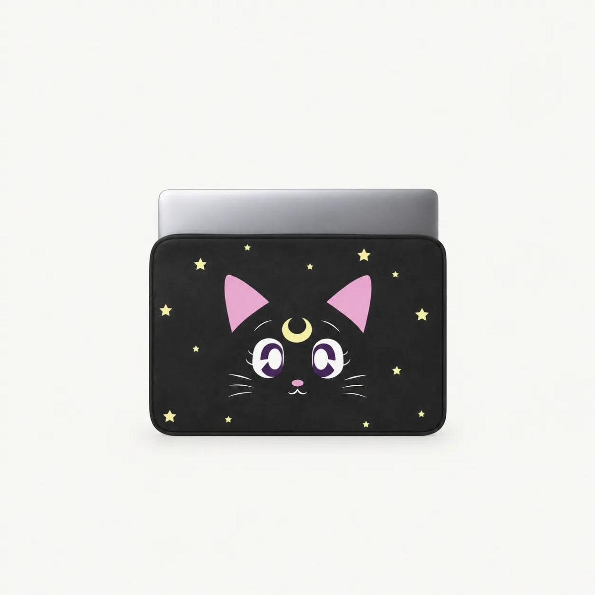 Cute Sailor Moon Luna black cat face with crescent moon and stars on a black padded laptop sleeve by SLEEVER