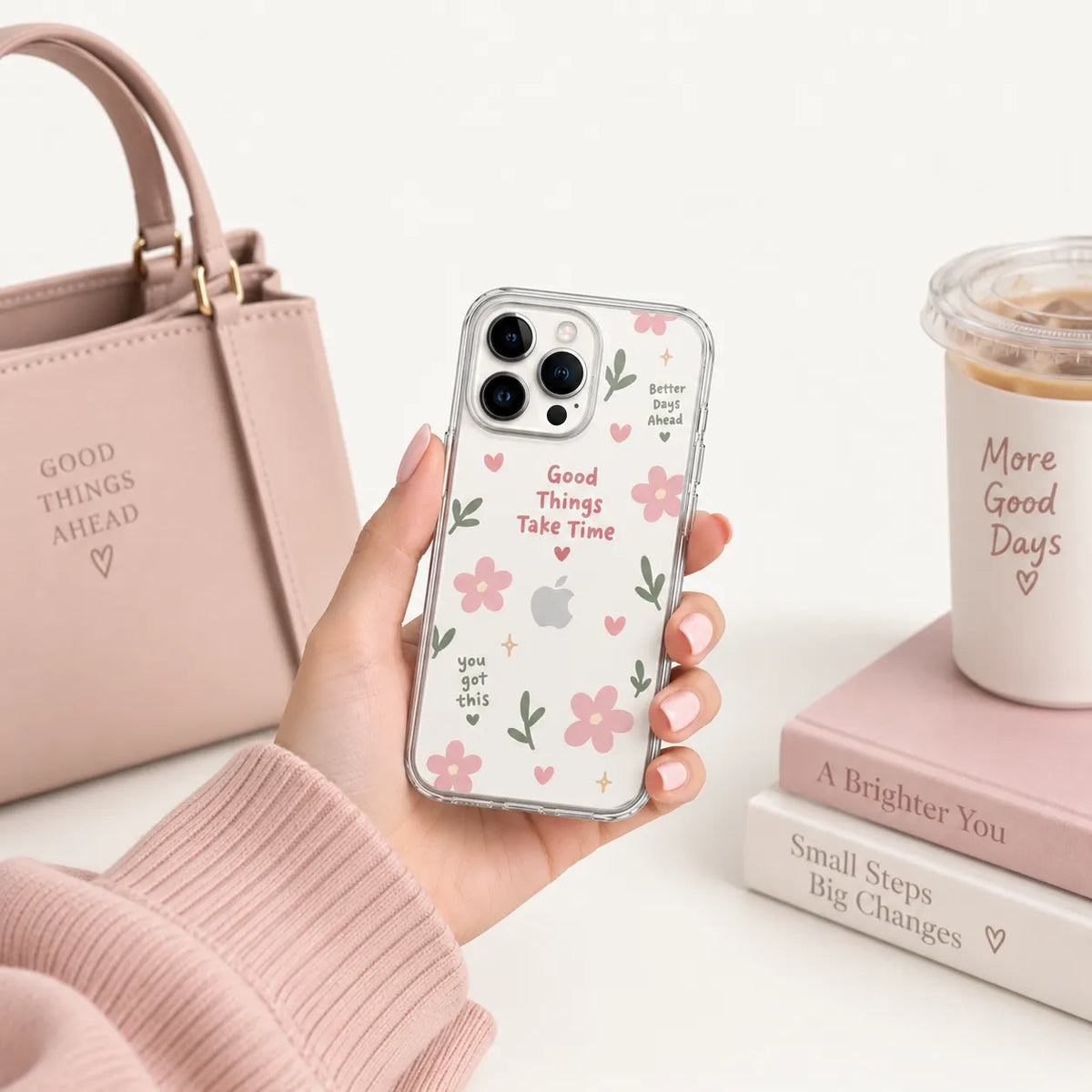 SLEEVER clear TPU phone case with Good Things Take Time text, pink flowers, hearts, and magnetic charging compatibility