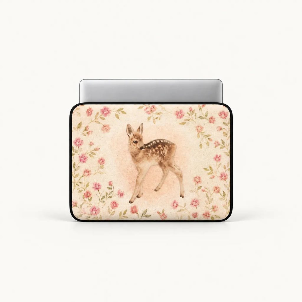 A laptop sleeve featuring a watercolor-style illustration of a fawn surrounded by pink flowers, shown on a silver laptop against a light gray background.