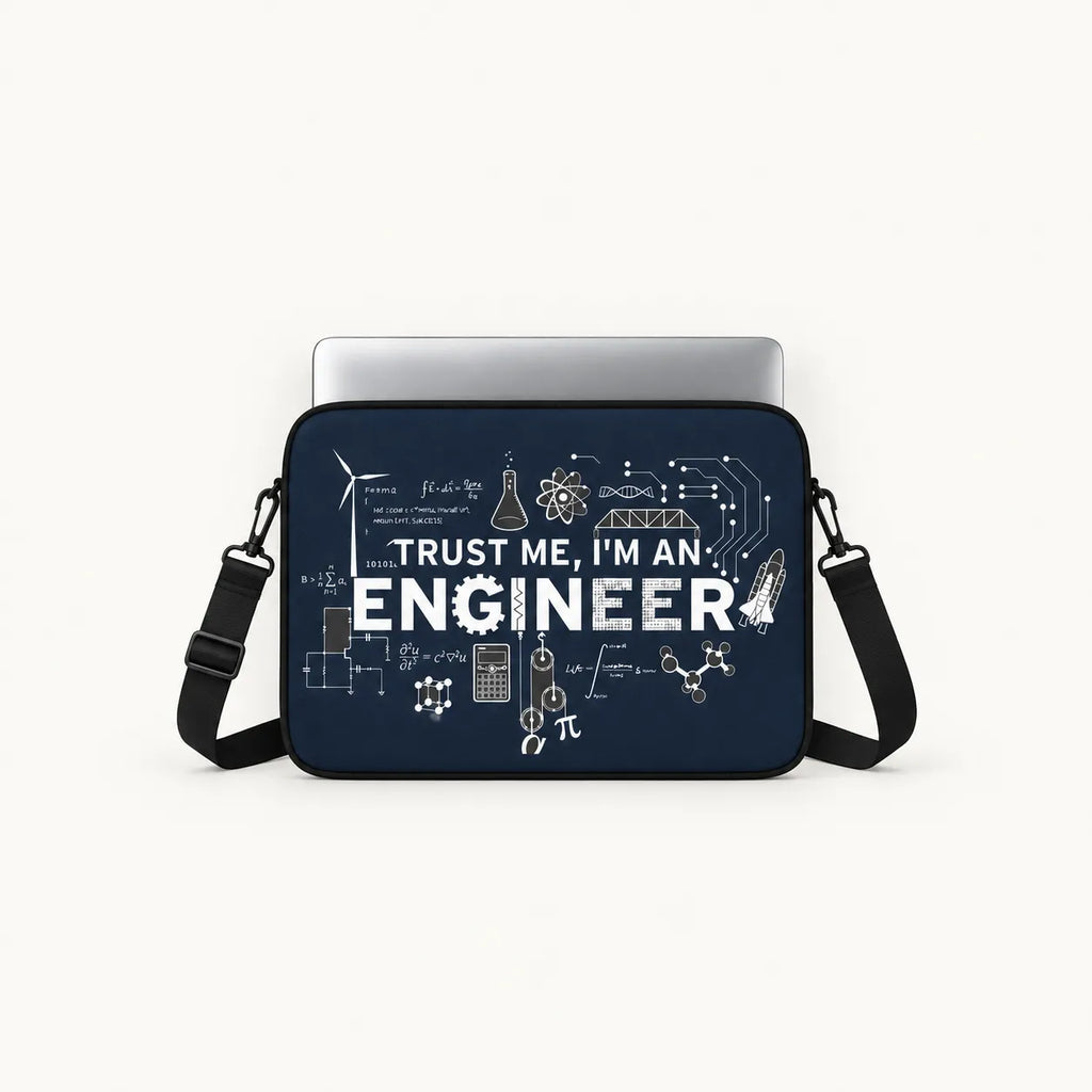 White "TRUST ME, I'M AN ENGINEER" text surrounded by scientific formulas, equations, circuit diagrams, and gear icons on a navy blue padded laptop sleeve by SLEEVER   
