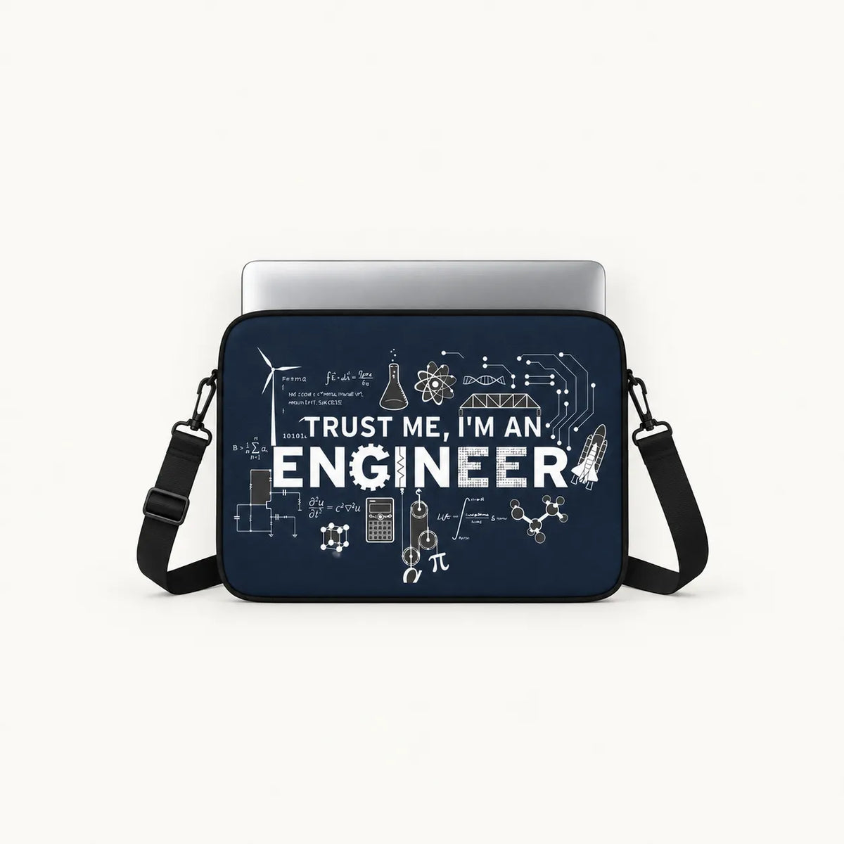 White "TRUST ME, I'M AN ENGINEER" text surrounded by scientific formulas, equations, circuit diagrams, and gear icons on a navy blue padded laptop sleeve by SLEEVER   
