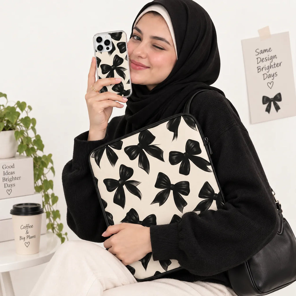 "Black Ribbons" elegant bow knot pattern clear phone case and matching laptop sleeve set by SLEEVER Egypt