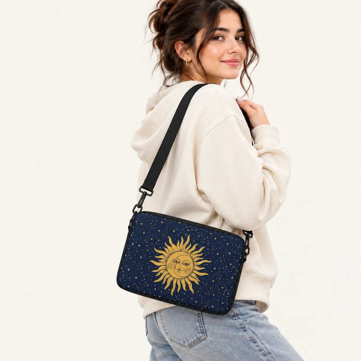 Vintage golden celestial sun and crescent moon design surrounded by stars on a dark navy blue padded laptop sleeve by SLEEVER