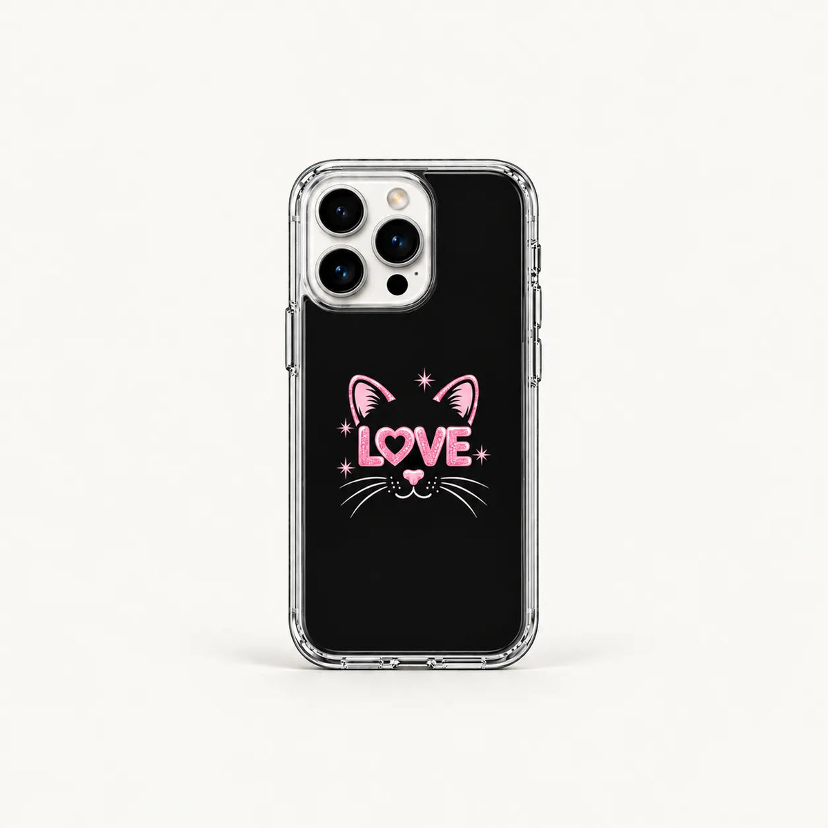 SLEEVER clear TPU phone case with pink glittery cat face and LOVE typography UV print with magnetic charging compatibility   