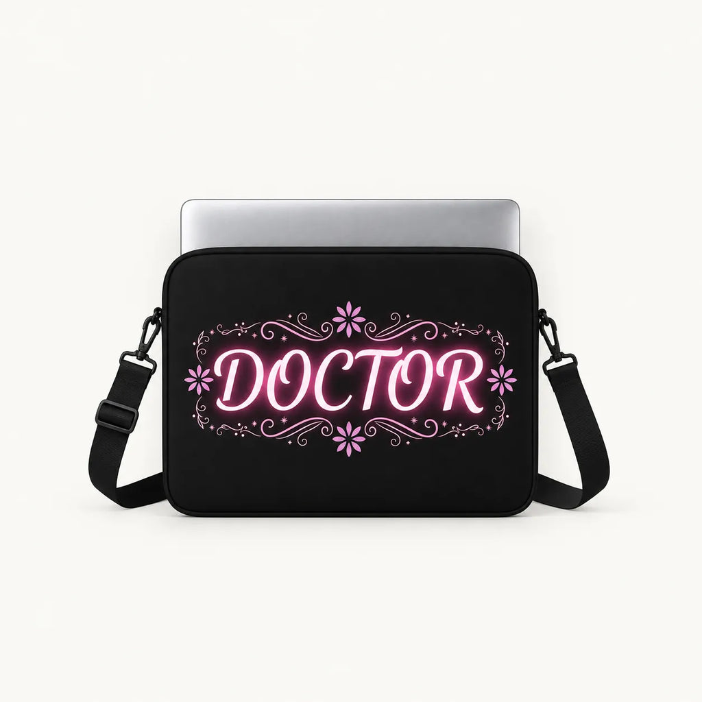 Glowing pink neon DOCTOR typography with floral flourishes on a black padded laptop sleeve by SLEEVER   