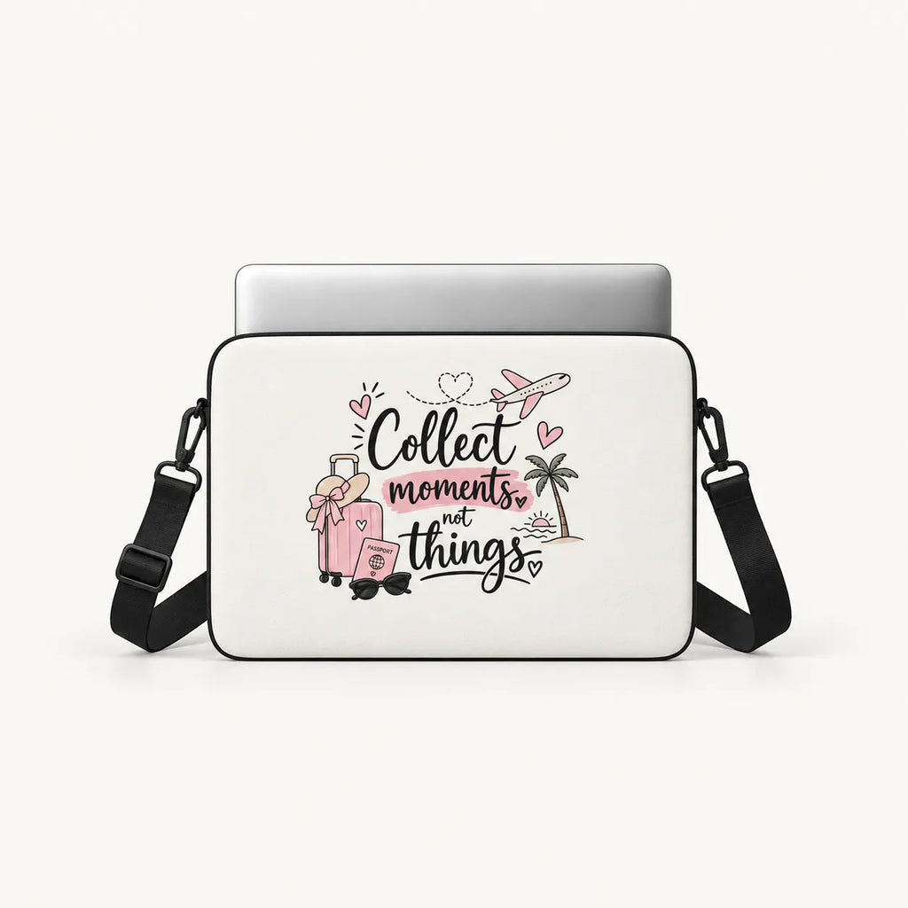 Collect Moments Not Things quote with pink suitcase airplane and palm tree print on white padded laptop sleeve by SLEEVER