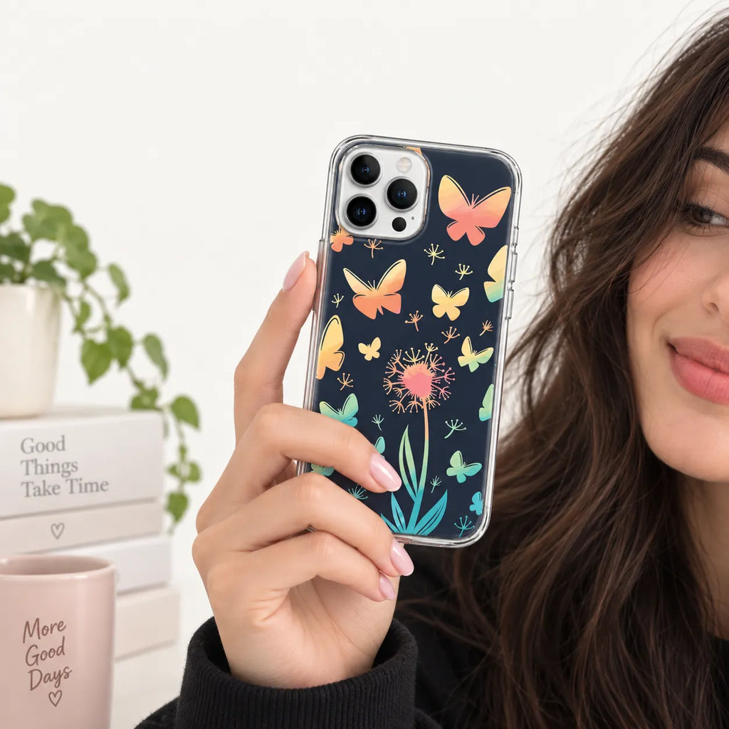 SLEEVER clear TPU phone case with colorful gradient butterflies and dandelion UV back print with magnetic charging compatibility   