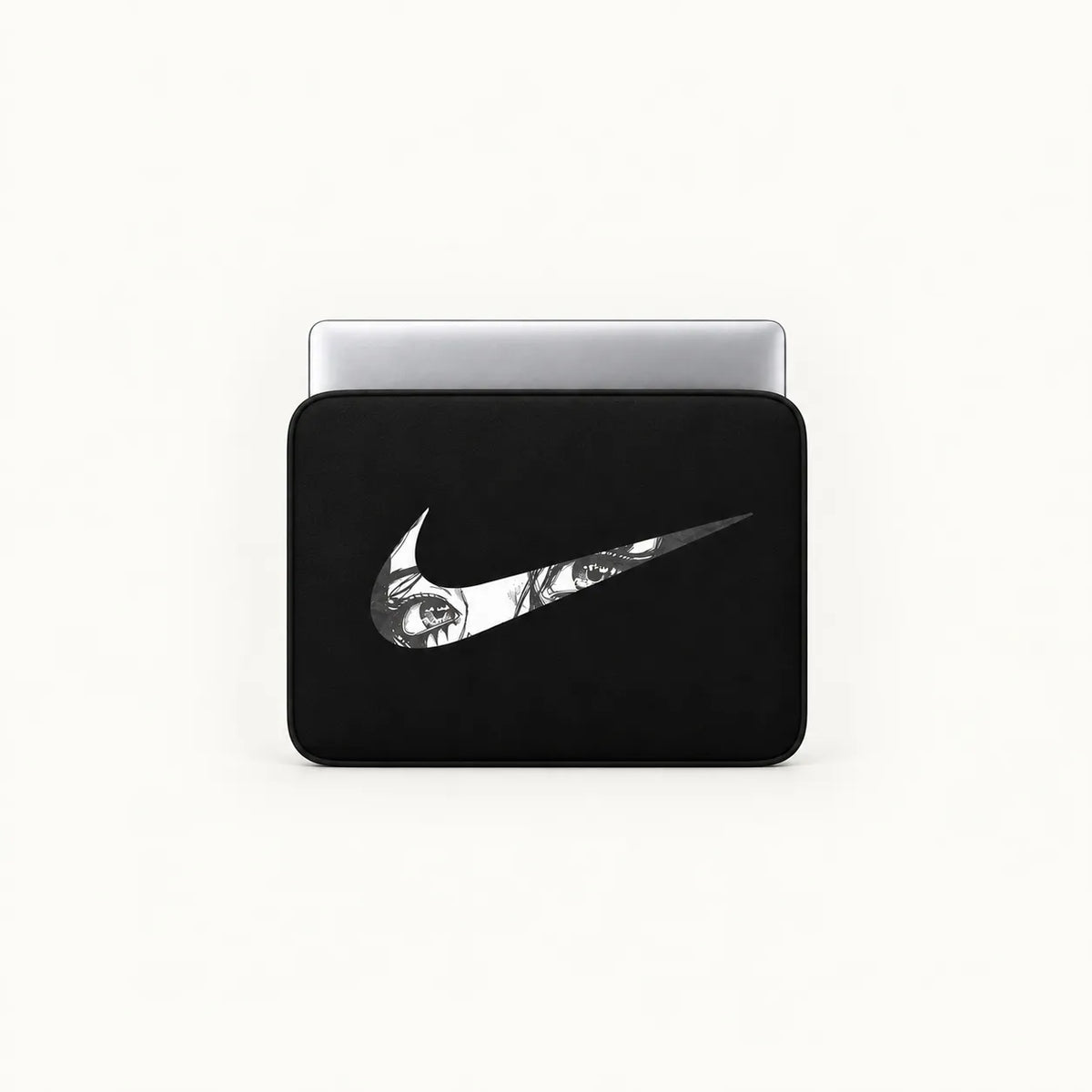 A black laptop sleeve featuring a stylized white Nike Swoosh with a detailed portrait design inside the swoosh, shown on a light gray background.